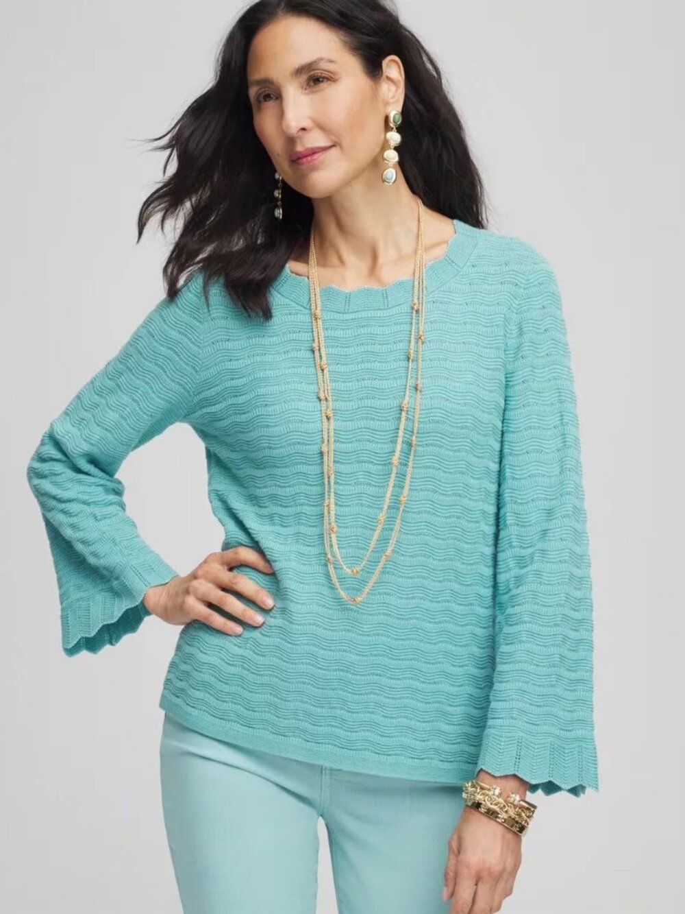 Chico's Pointelle Scalloped Flare Sleeve Pullover, Size XS, Like New